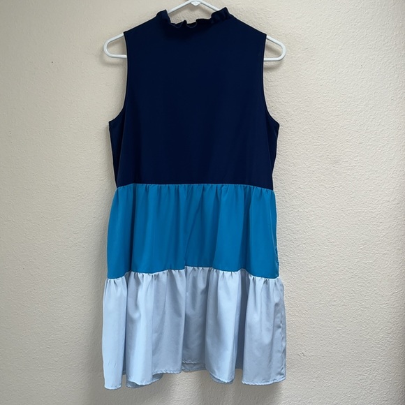 Shein Blue Colorblock Striped Panel Sleeveless Flowy Ruffle Dress, Size Medium - Picture 5 of 11